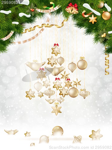Image of Christmas balls hanging on fir tree. EPS 10