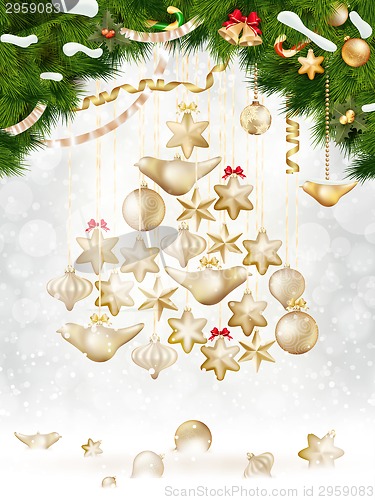 Image of Christmas balls hanging on fir tree. EPS 10