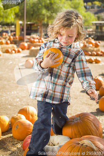 Image of Little Boy Holding His Pumpkin at a Pumpkin Patch