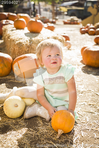 Image of Adorable Baby Girl Holding a Pumpkin at the Pumpkin Patch