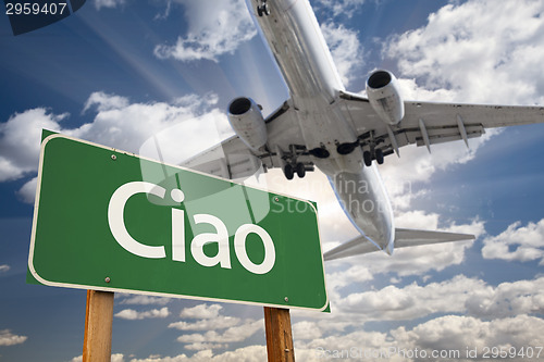 Image of Ciao Green Road Sign and Airplane Above