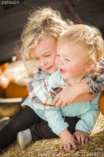 Image of Little Boy Playing with His Baby Sister at Pumpkin Patch