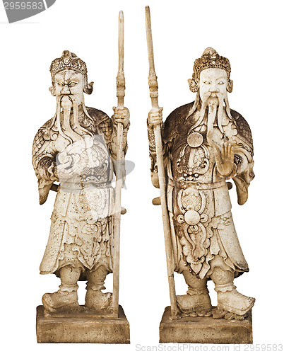 Image of Two statues of ancient Chinese warriors isolated on white backgr