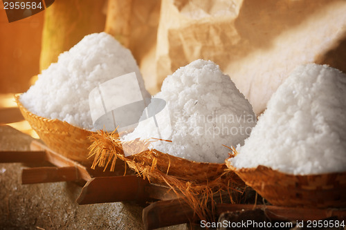 Image of Salt in baskets. Ancient traditional salt production on the Bali