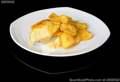 Image of Potato chips on a plate on a black background