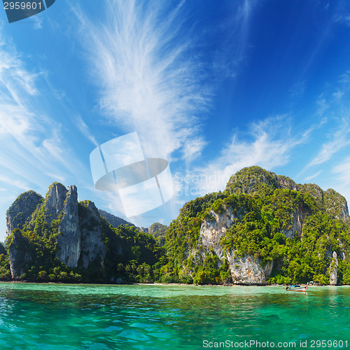 Image of Marine tropical landscape with limestone cliffs. Thailand