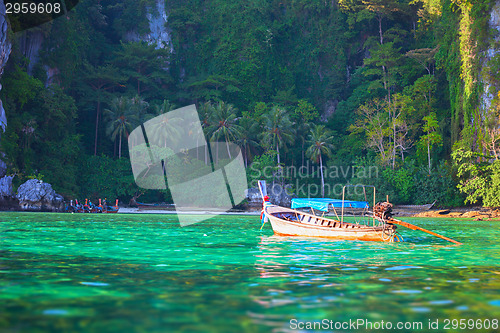 Image of Tropical landscape, traditional long tail boat, Thailand Phi-Phi