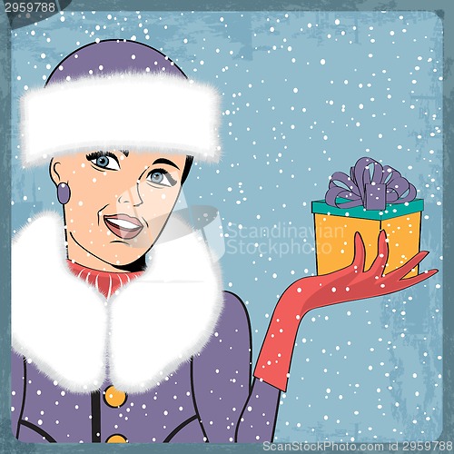 Image of elegant young and happy woman in winter, retro Christmas card