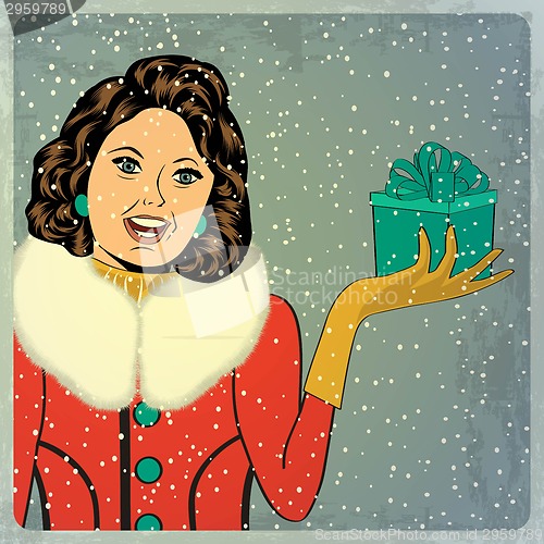 Image of elegant young and happy woman in winter, retro Christmas card