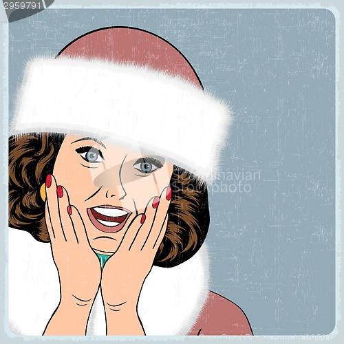 Image of elegant young and happy woman in winter, retro Christmas card