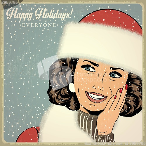 Image of elegant young and happy woman in winter, retro Christmas card