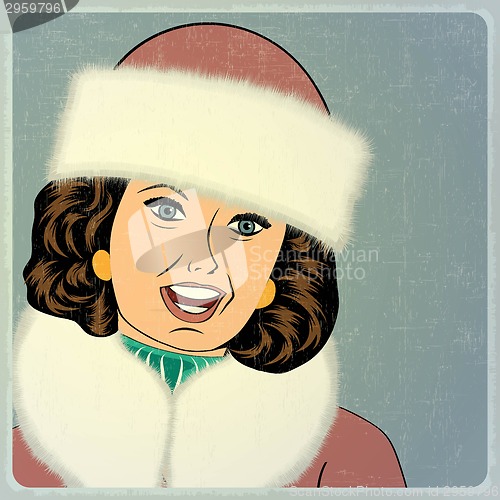 Image of elegant young and happy woman in winter, retro Christmas card