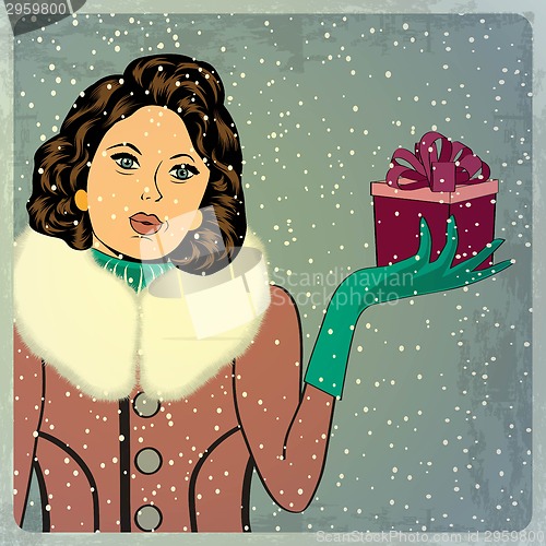Image of elegant young and happy woman in winter, retro Christmas card