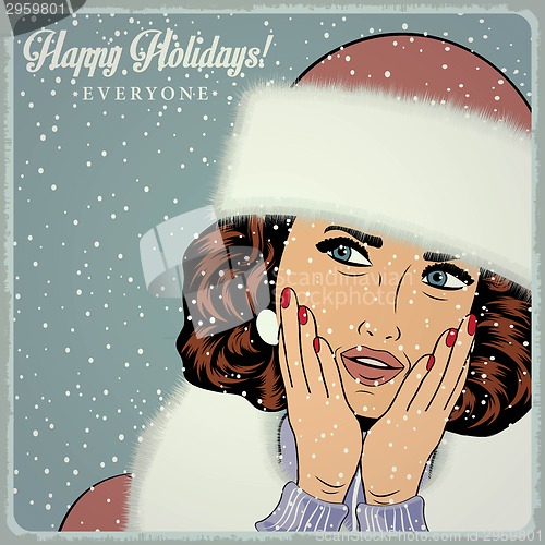 Image of elegant young and happy woman in winter, retro Christmas card