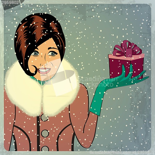 Image of elegant young and happy woman in winter, retro Christmas card