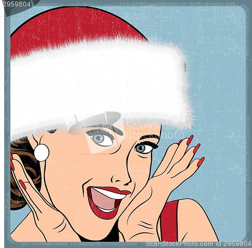 Image of elegant young and happy woman in winter, retro Christmas card