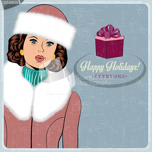 Image of elegant young and happy woman in winter, retro Christmas card