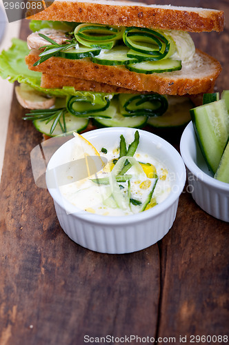 Image of fresh vegetarian sandwich with garlic cheese dip salad