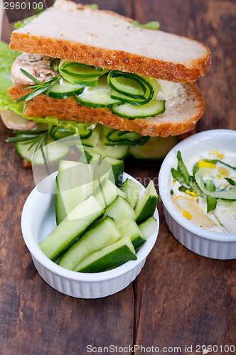 Image of fresh vegetarian sandwich with garlic cheese dip salad