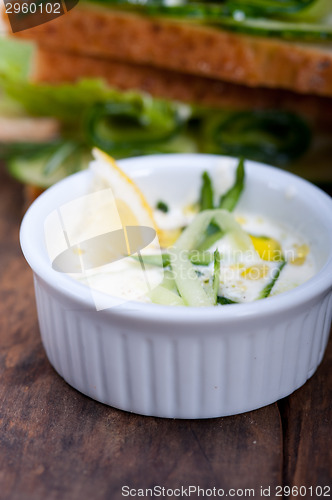 Image of fresh vegetarian sandwich with garlic cheese dip salad