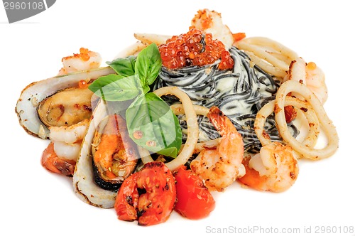 Image of Black Pasta with sea food and basil