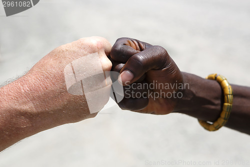 Image of Hand greeting between a Caucasian and an African