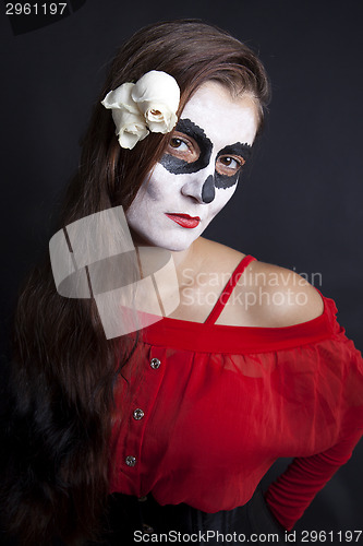 Image of Woman with makeup of la Santa Muerte with white roses