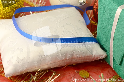 Image of new year invitation card, christmas card with blue ribbons