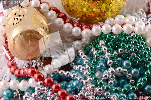 Image of Beautiful ornaments, champagne and balls as a New Year decoration