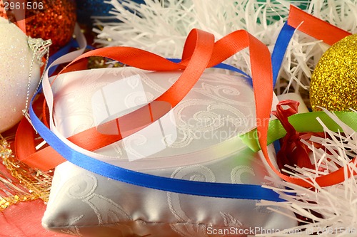 Image of new year invitation card, christmas card with red and blue ribbons