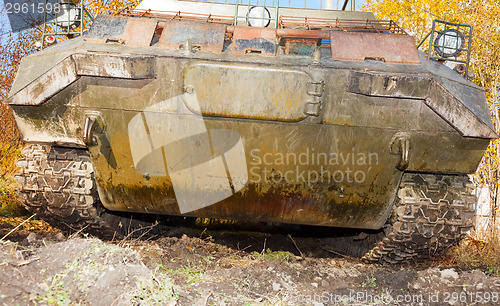 Image of The tracked vehicle for transportation of soldiers. front view 