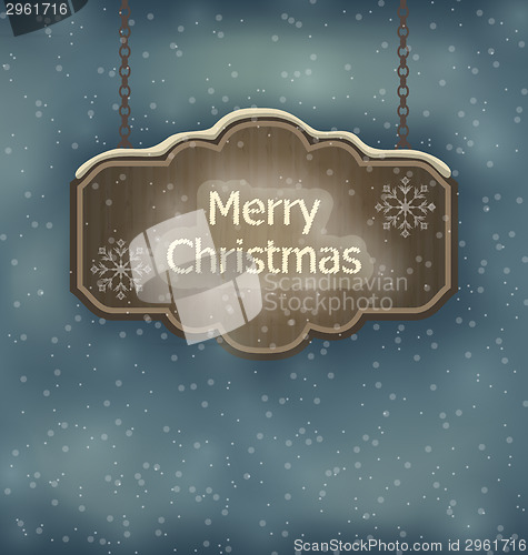 Image of Merry Christmas wooden board, night holiday background