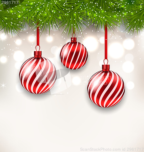 Image of New Year background with glass hanging balls and fir twigs