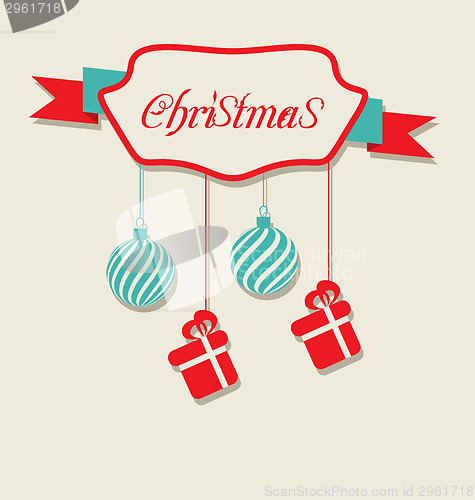 Image of Christmas celebration card with hanging balls and gifts