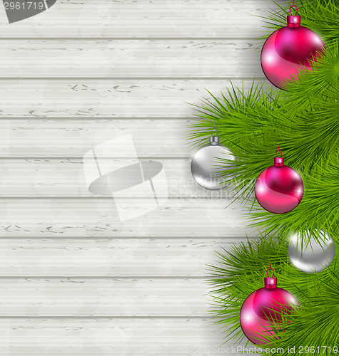 Image of Christmas composition with glass hanging balls and fir twigs