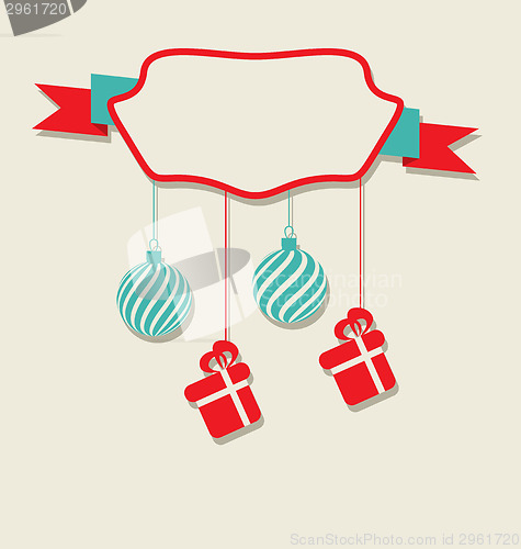 Image of Christmas celebration card with hanging balls and gifts