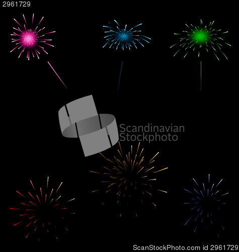 Image of Set colorful fireworks on dark background