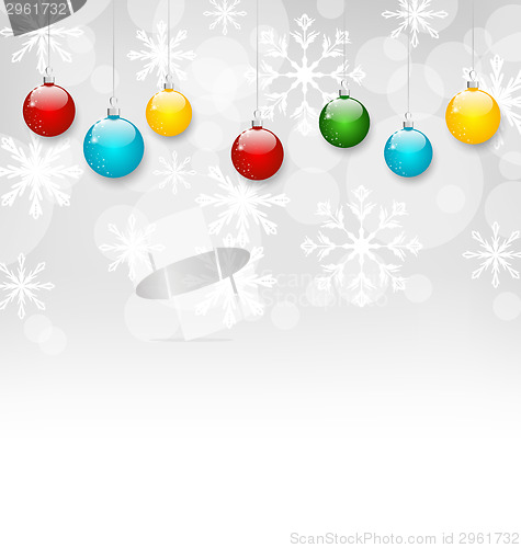 Image of Christmas snowflakes background with set colorful balls