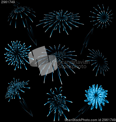 Image of Set different fireworks on dark background