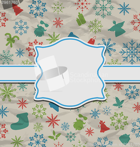 Image of Christmas vintage card on texture with traditional elements
