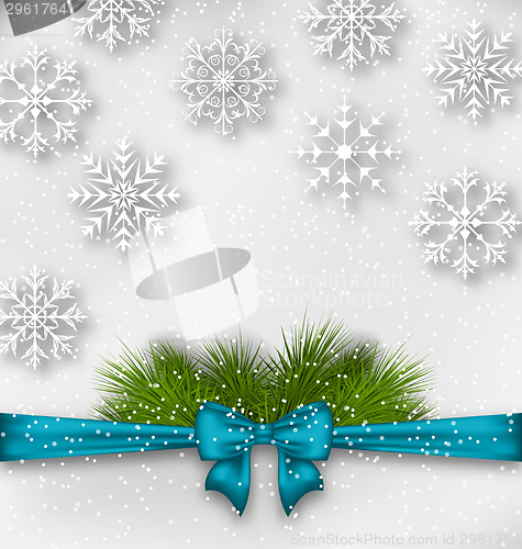 Image of New Year background with bow ribbon and fir branches