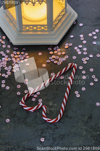 Image of Christmas decorations - lantern and candy canes