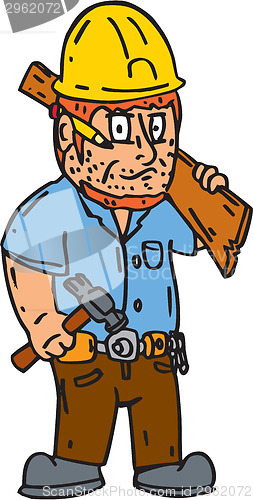 Image of Carpenter Builder Hammer Wood Plank Cartoon