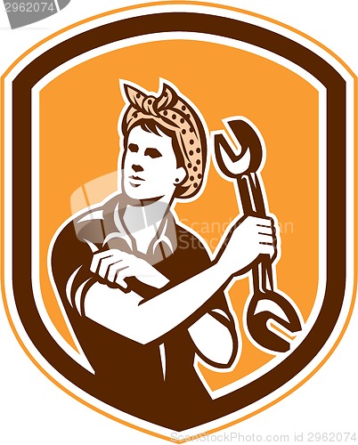 Image of Female Mechanic Spanner Shield Retro