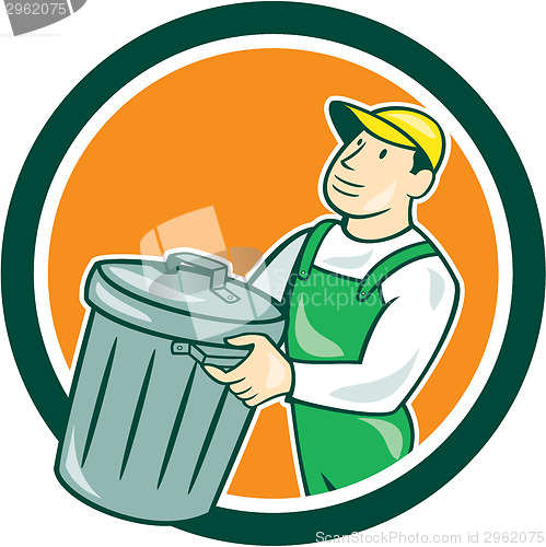 Image of Garbage Collector Carrying Bin Circle Cartoon