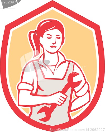 Image of Female Mechanic Spanner Shield Retro