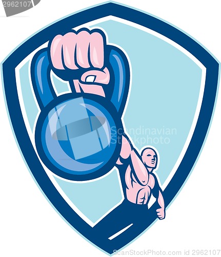 Image of Weightlifter Lifting Kettlebell Shield Cartoon