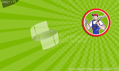 Image of Business card Gardener Farmer Holding Rake Thumbs Up Cartoon