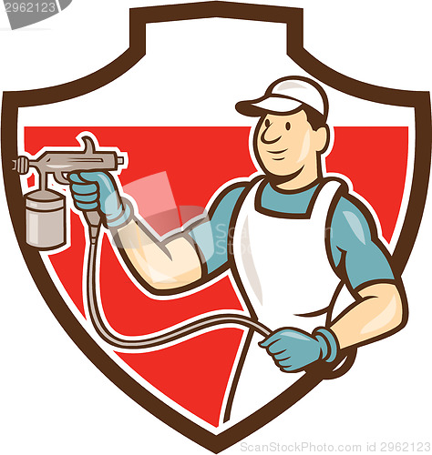 Image of Painter Spray Gun Spraying Shield Cartoon