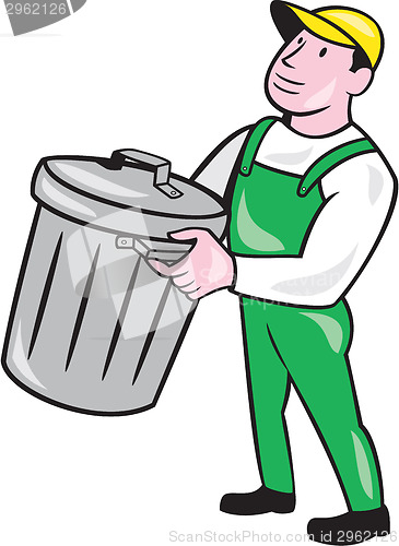 Image of Garbage Collector Carrying Bin Cartoon